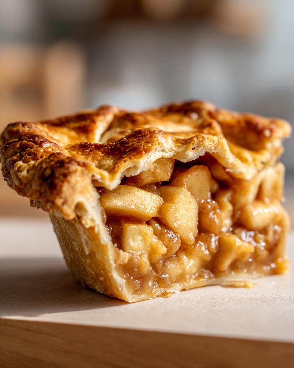 A cross-section view of a golden-brown homemade apple pie slice showing chunky, spiced apple filling.