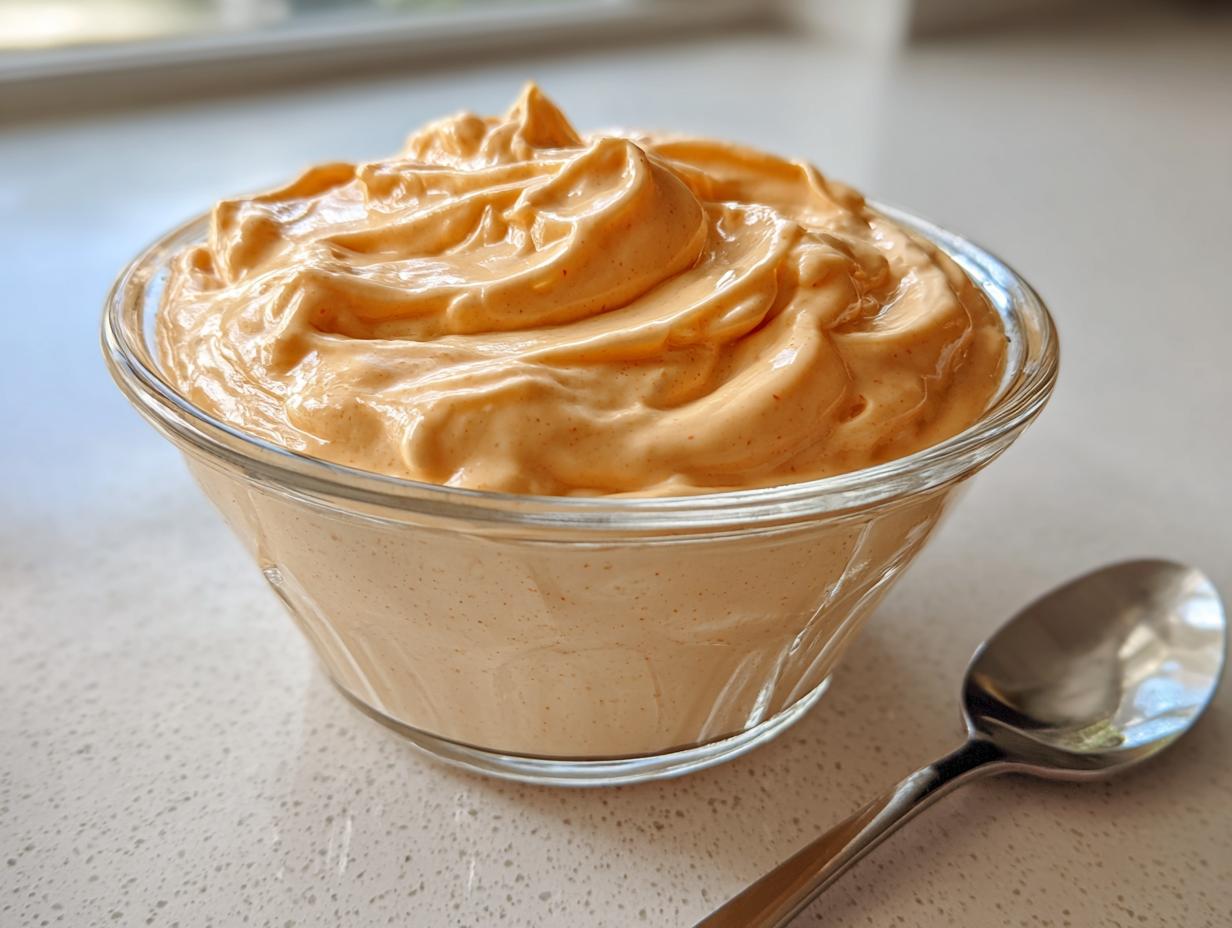 A glass bowl filled with creamy, orange-hued homemade big mac sauce, with a spoon resting beside it.