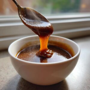 A spoonful of thick, rich homemade brown gravy is dripping back into a white bowl, showing steam rising.