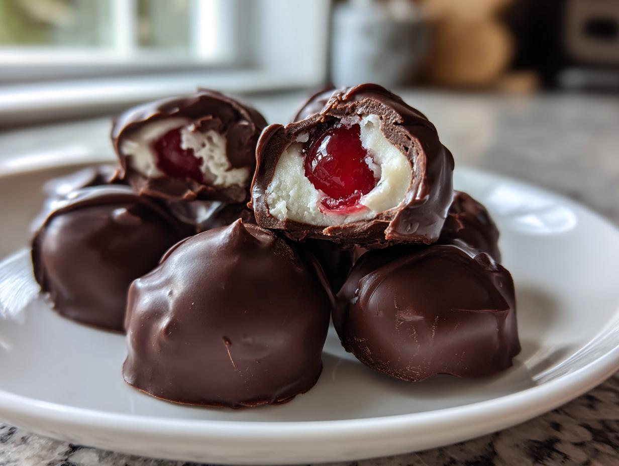 A stack of dark chocolate covered cherries, one cut open revealing a white fondant center and a bright red cherry.