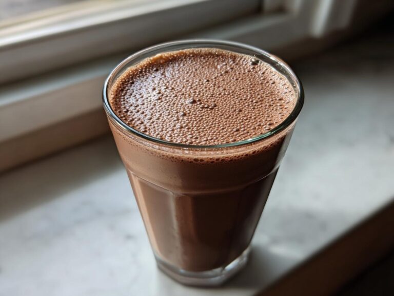 A tall glass filled with freshly made, frothy chocolate milk sitting on a bright windowsill.
