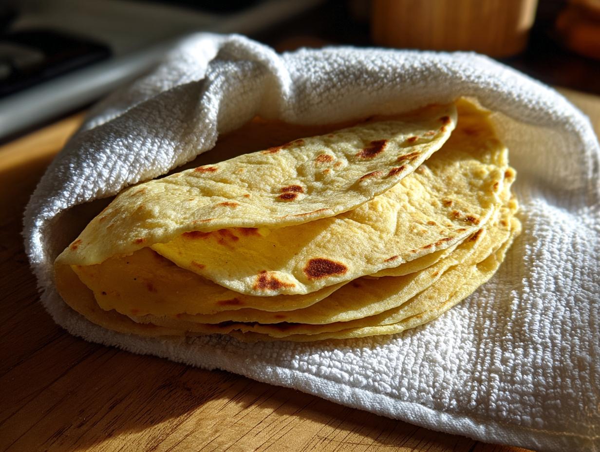 A stack of freshly made, warm corn tortillas wrapped partially in a white cloth on a wooden surface.
