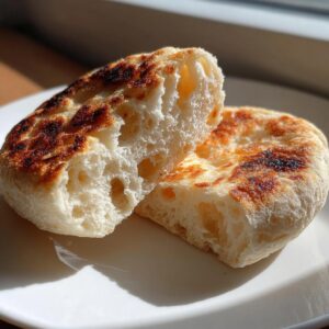 Close-up of a homemade English muffin split in half, showing the signature craggy interior texture and toasted exterior.