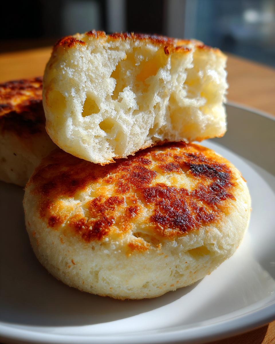 Close-up showing the signature open, cratered crumb structure of homemade English muffins.