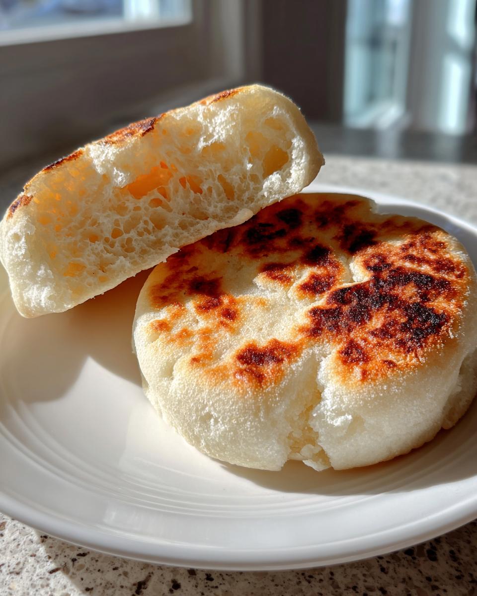 A homemade English muffin split open showing the airy interior texture, next to the toasted bottom half.