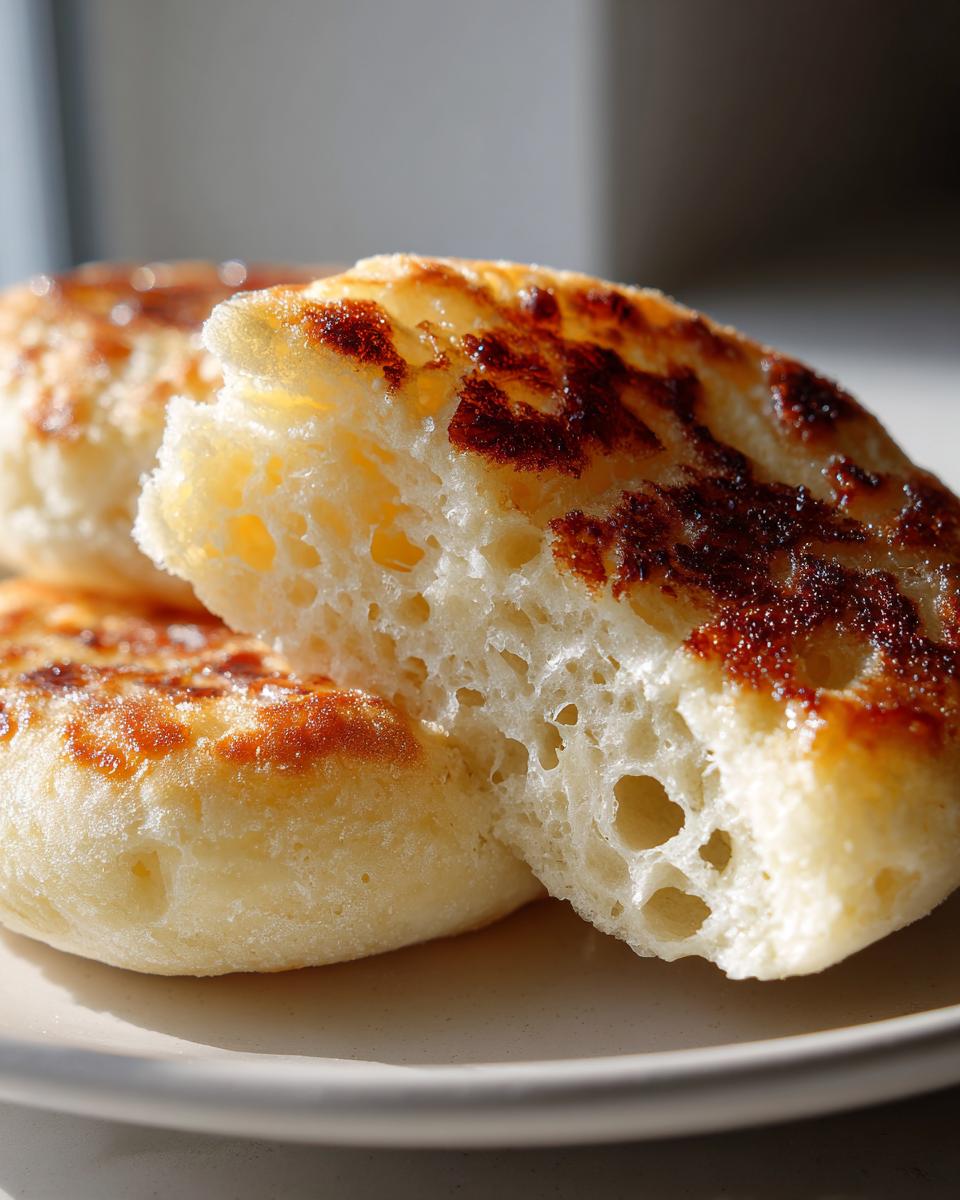 Close-up showing the airy, hole-filled interior texture of homemade English muffins.