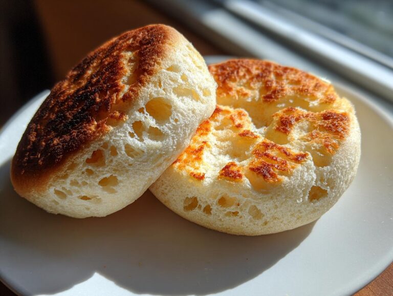 Two golden-brown homemade english muffins showing their signature nooks and crannies on a white plate.