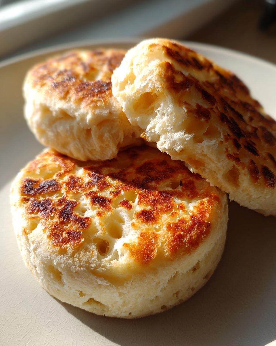 Close-up of golden-brown homemade English muffins, one split open showing the airy texture.