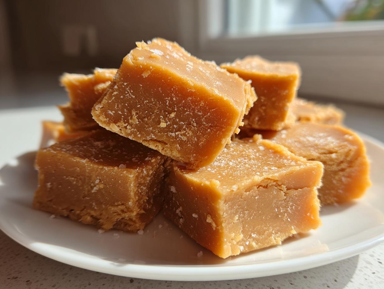 A stack of rich, golden-brown maple fudge squares sprinkled with sea salt on a white plate.