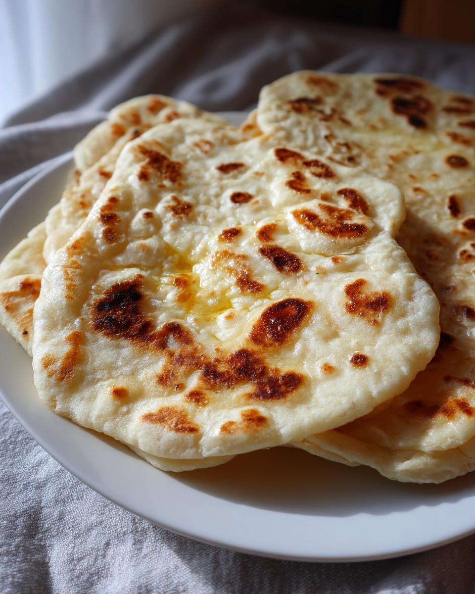 A stack of freshly made homemade naan bread, brushed with melted butter and showing characteristic brown char spots.