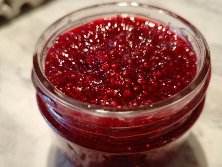 Close-up view of thick, vibrant red homemade raspberry jam filled in a clear glass jar, showing many visible seeds.