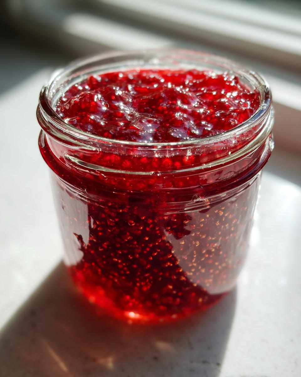 A close-up of a glass jar filled with glistening, homemade raspberry jam, catching the sunlight.