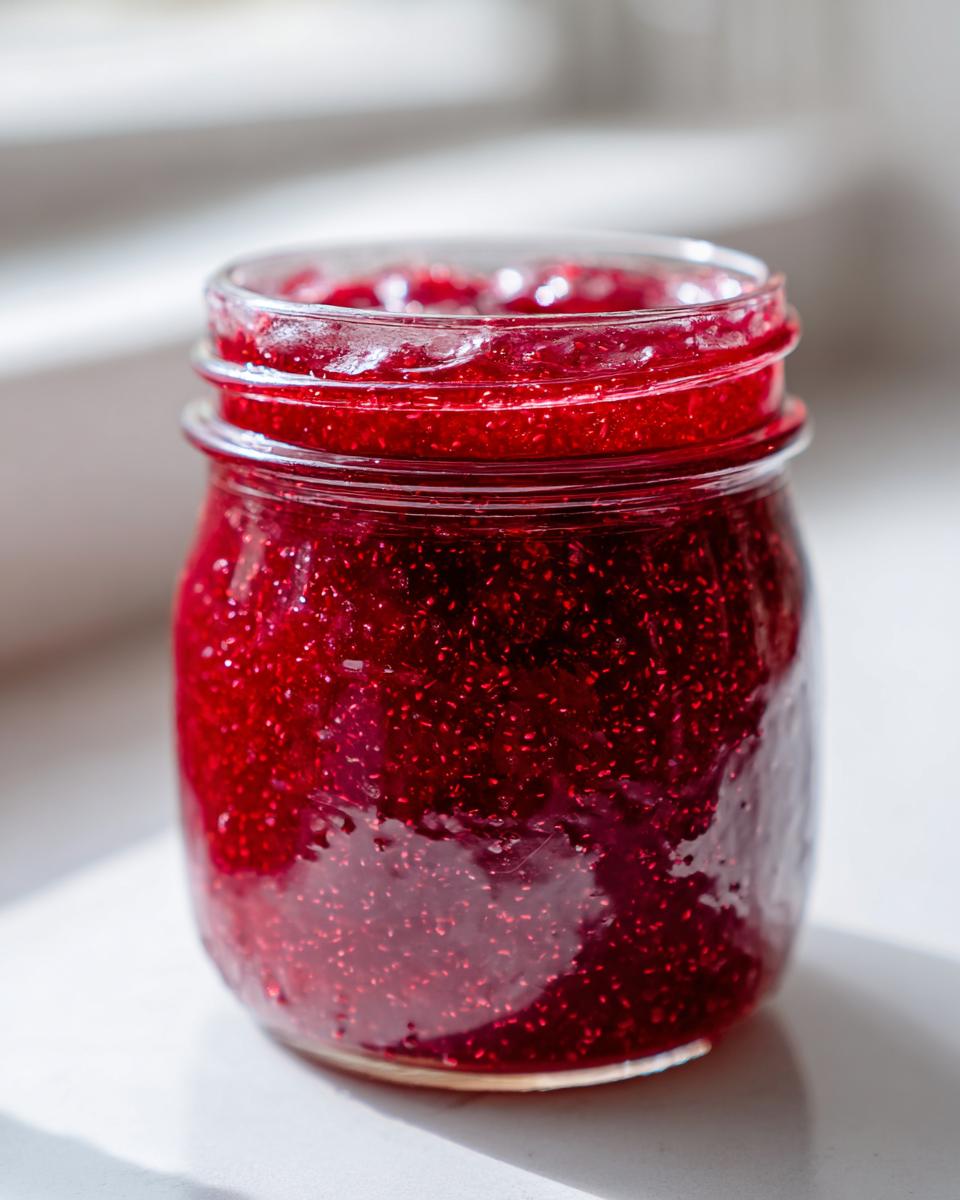 Close-up of a glass jar filled with vibrant, seed-filled homemade raspberry jam.