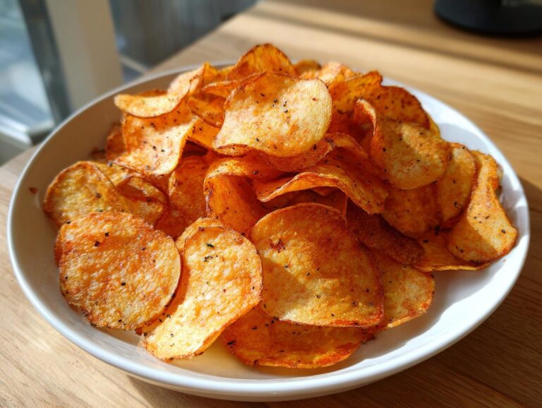 A white bowl piled high with golden, seasoned potato chips, showcasing their crunch and seasoning.