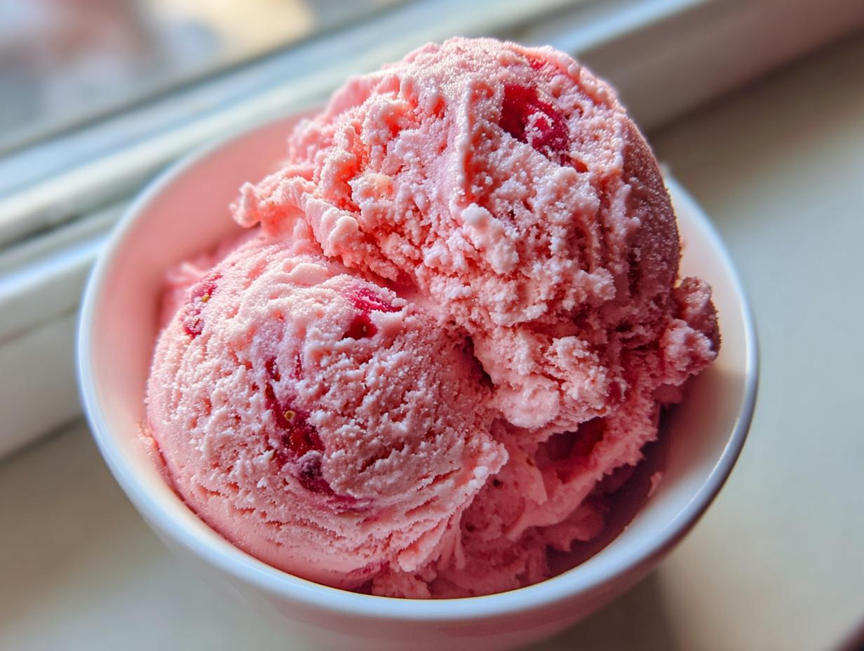 Close-up of two scoops of bright pink, textured strawberry ice cream with visible fruit pieces in a white bowl.