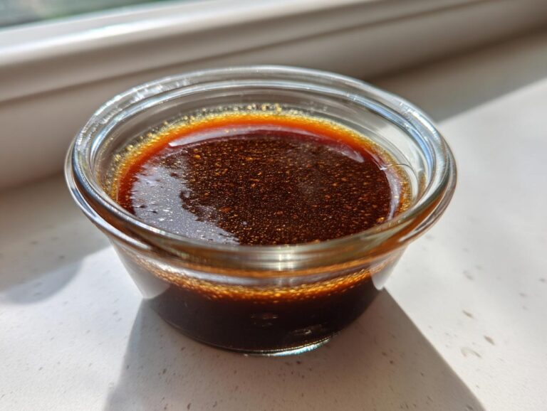 Close-up of rich, dark homemade teriyaki sauce in a small glass container, glistening in the sunlight.