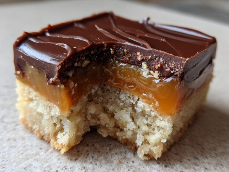 Close-up of a homemade twix bar square showing the three layers: shortbread base, gooey caramel, and chocolate topping, with a bite missing.