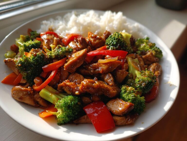 A plate of glossy honey garlic chicken stir fry mixed with broccoli and red peppers, served next to white rice.