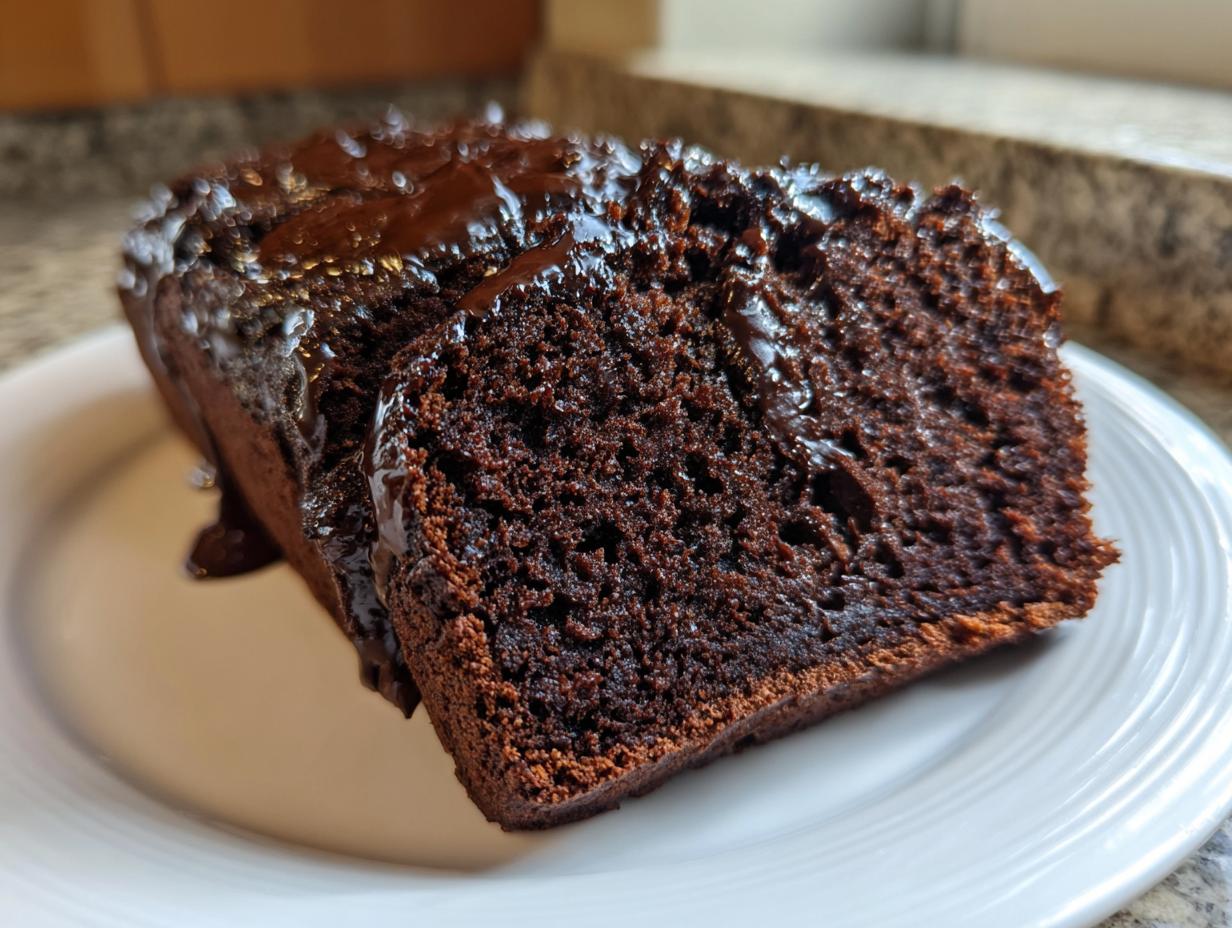 A moist slice of hot fudge brownie bread topped with rich, glossy chocolate fudge sauce on a white plate.