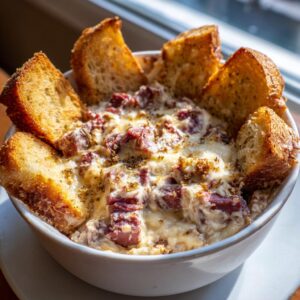 A close-up of hot, cheesy Reuben dip topped with corned beef chunks and herbs, served in a white bowl with toasted bread slices for dipping.
