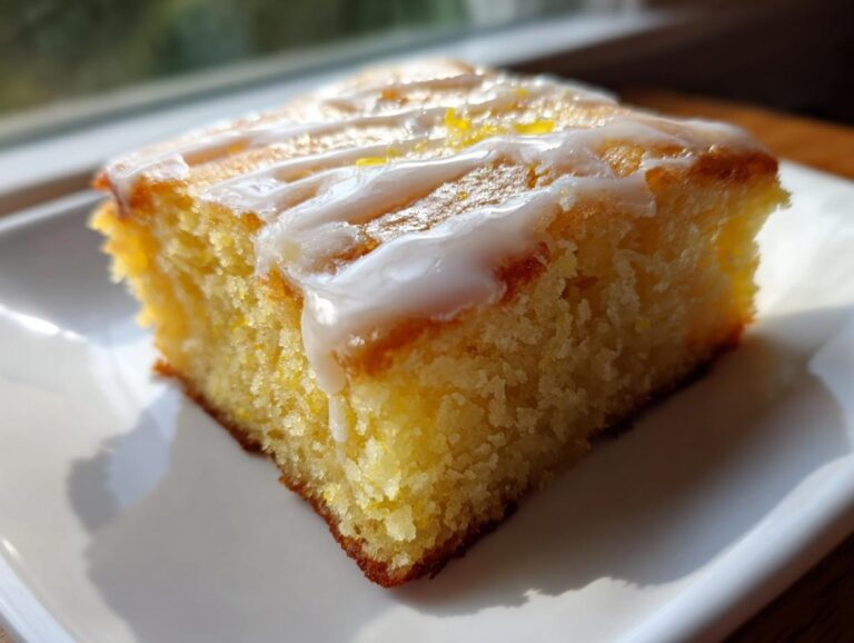 A single, moist square of bright yellow lemon brownies topped with a thick white lemon glaze.