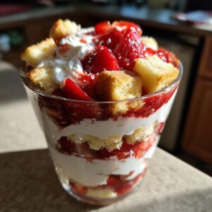 Close-up of a layered strawberry shortcake trifle in a glass with cake cubes, whipped cream, and fresh strawberries.