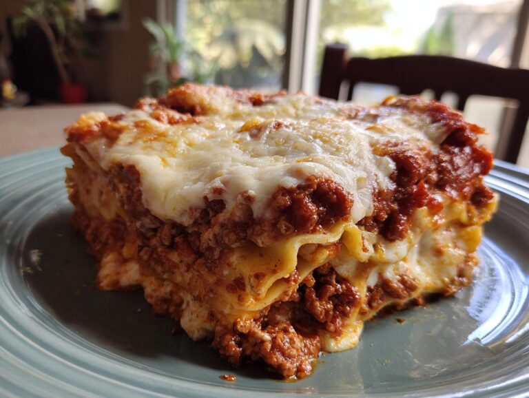 A generous slice of rich Instant Pot Lasagna layered with pasta, meat sauce, and gooey melted cheese on a light blue plate.