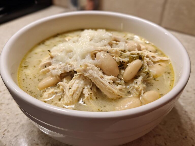 A close-up of a white bowl filled with creamy instant pot white chicken chili topped with shredded white cheese.