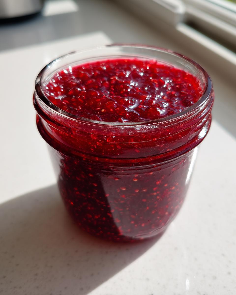 Close-up of a glass jar filled with bright, textured homemade raspberry jam, catching the sunlight.