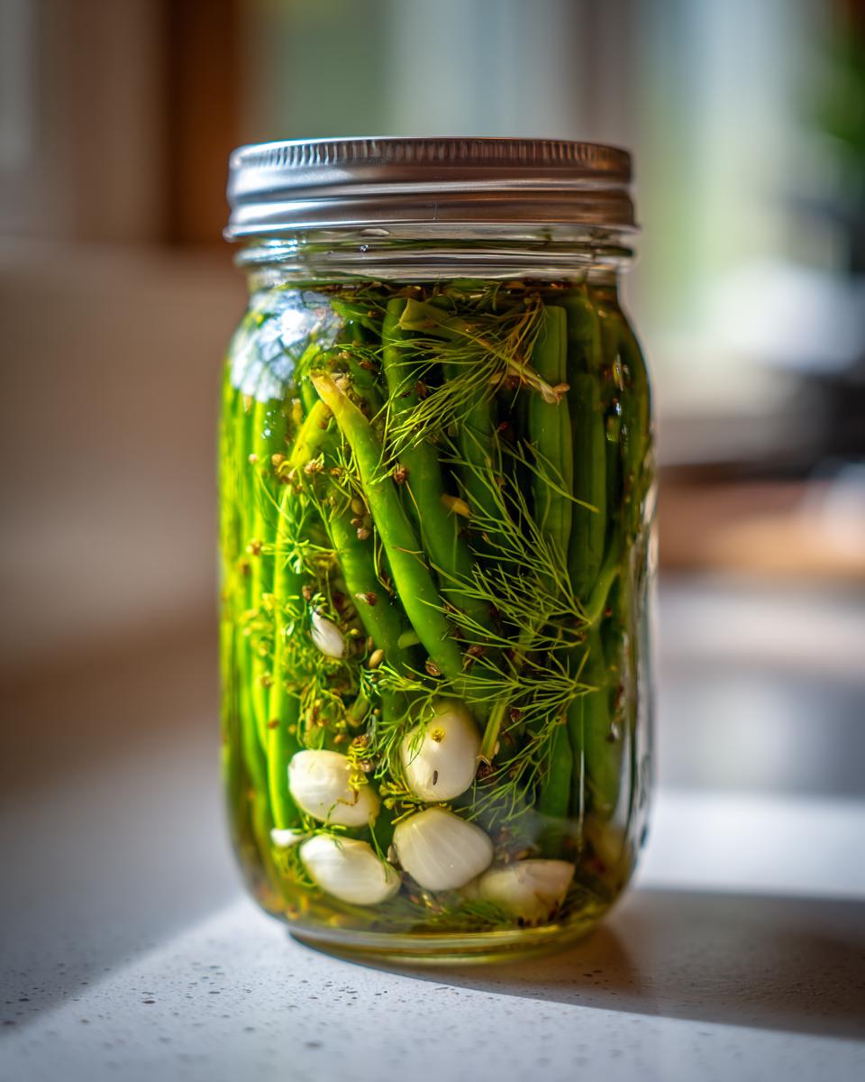 A glass jar filled with bright green dilly beans, fresh dill, and cloves of garlic submerged in brine.