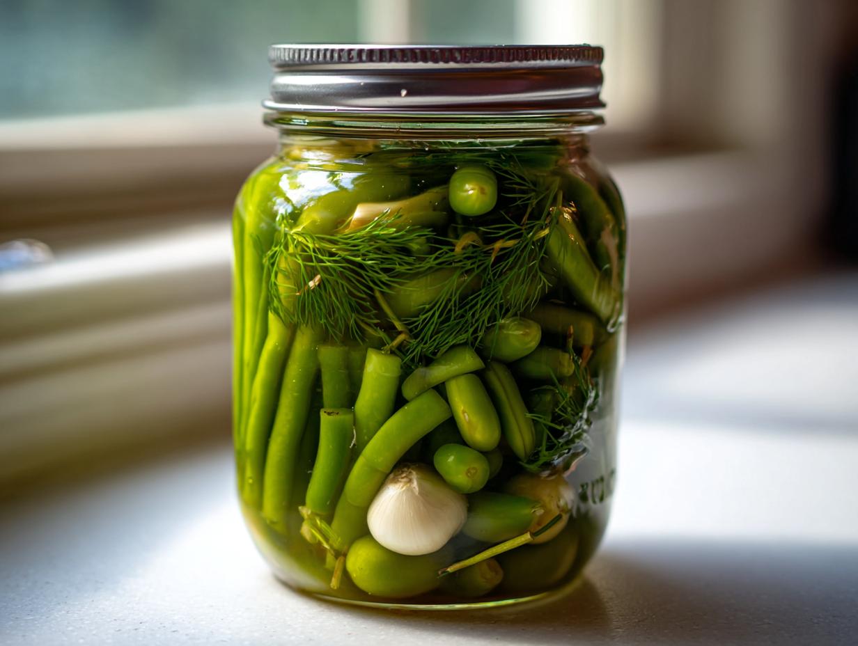 A glass jar filled with bright green dilly beans, fresh dill sprigs, and a clove of garlic, ready for pickling.