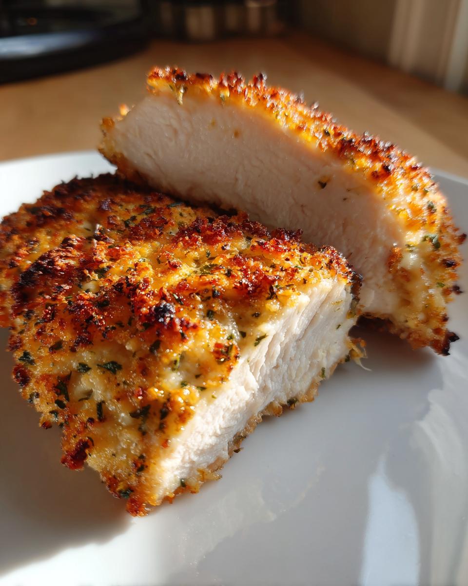 Close-up of juicy baked ranch chicken breast cut in half, showing the moist interior and crispy, seasoned crust.