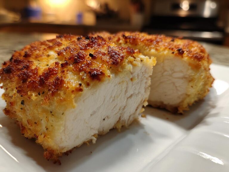 Close-up of juicy baked ranch chicken breast cut in half, showing the white interior and crispy golden crust.