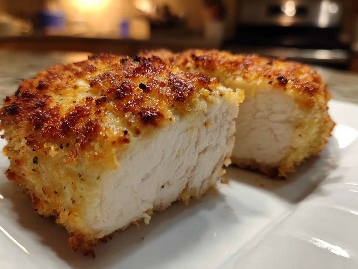 Close-up of juicy baked ranch chicken breast cut in half, showing the white interior and crispy golden crust.
