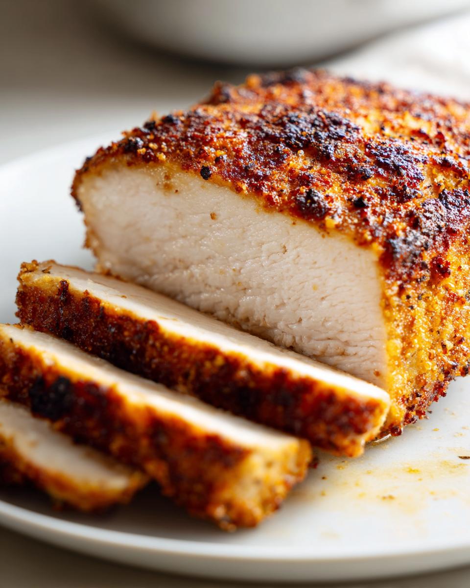 Close-up of juicy baked ranch chicken breast, sliced to show the tender interior and seasoned crust.