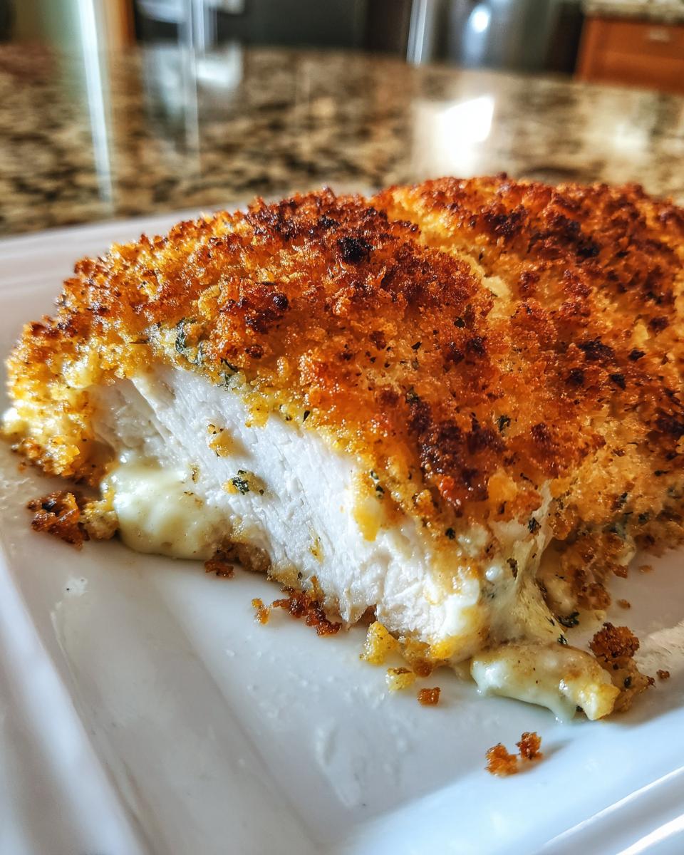 Close-up of a baked caesar chicken breast, cut open to show juicy white meat and melted cheese filling.
