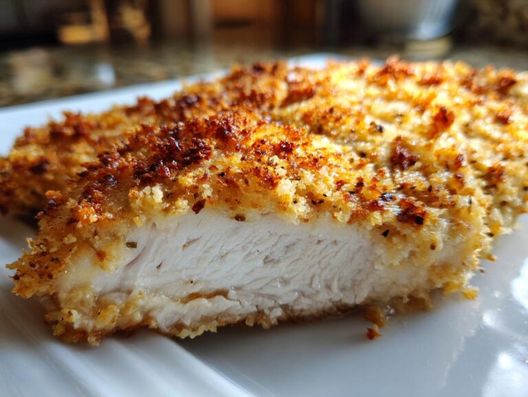 Close-up of a perfectly cooked caesar chicken breast showing juicy white meat and a crispy, golden-brown seasoned crust.