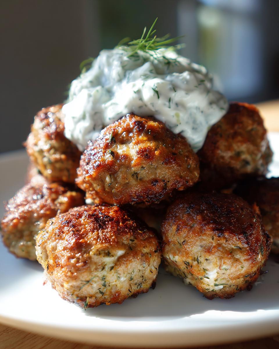 A stack of golden-brown greek chicken meatballs topped with a dollop of creamy tzatziki sauce and dill.