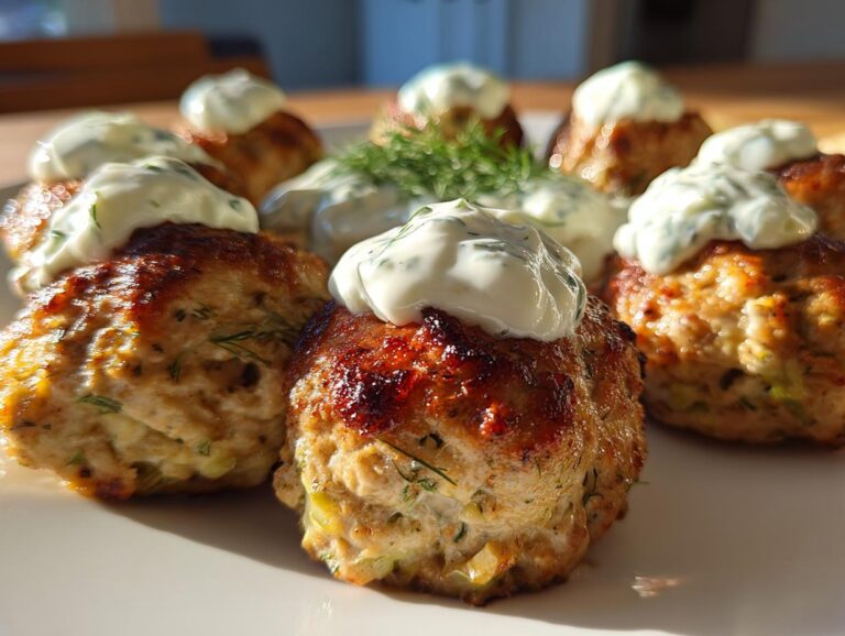 Close-up of golden-brown greek chicken meatballs topped with a dollop of creamy tzatziki sauce.