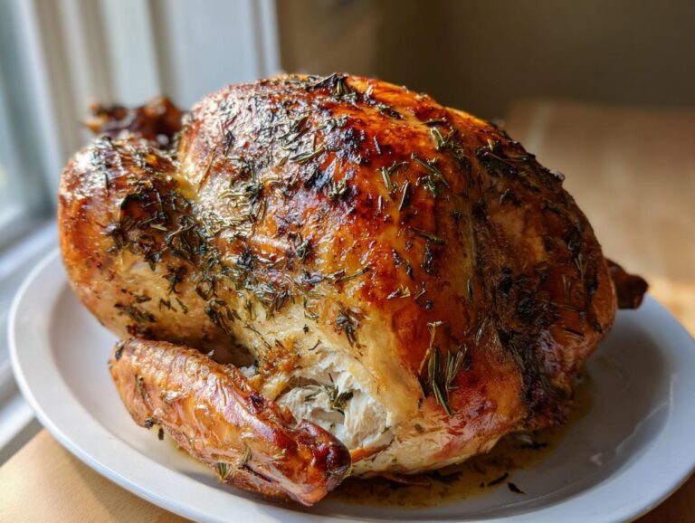 A whole roasted turkey coated in glistening herb butter, featuring crispy, golden-brown skin, resting on a white platter.