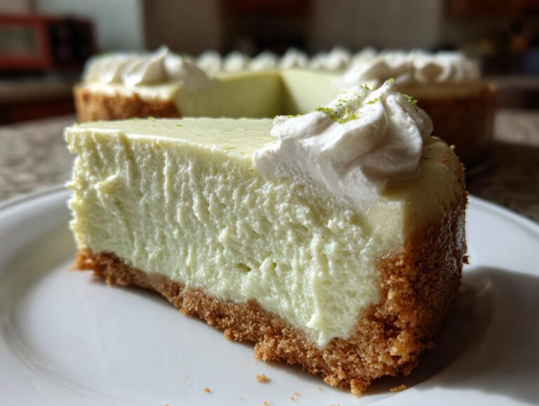 A close-up of a perfect slice of key lime cheesecake on a white plate, topped with whipped cream and lime zest.