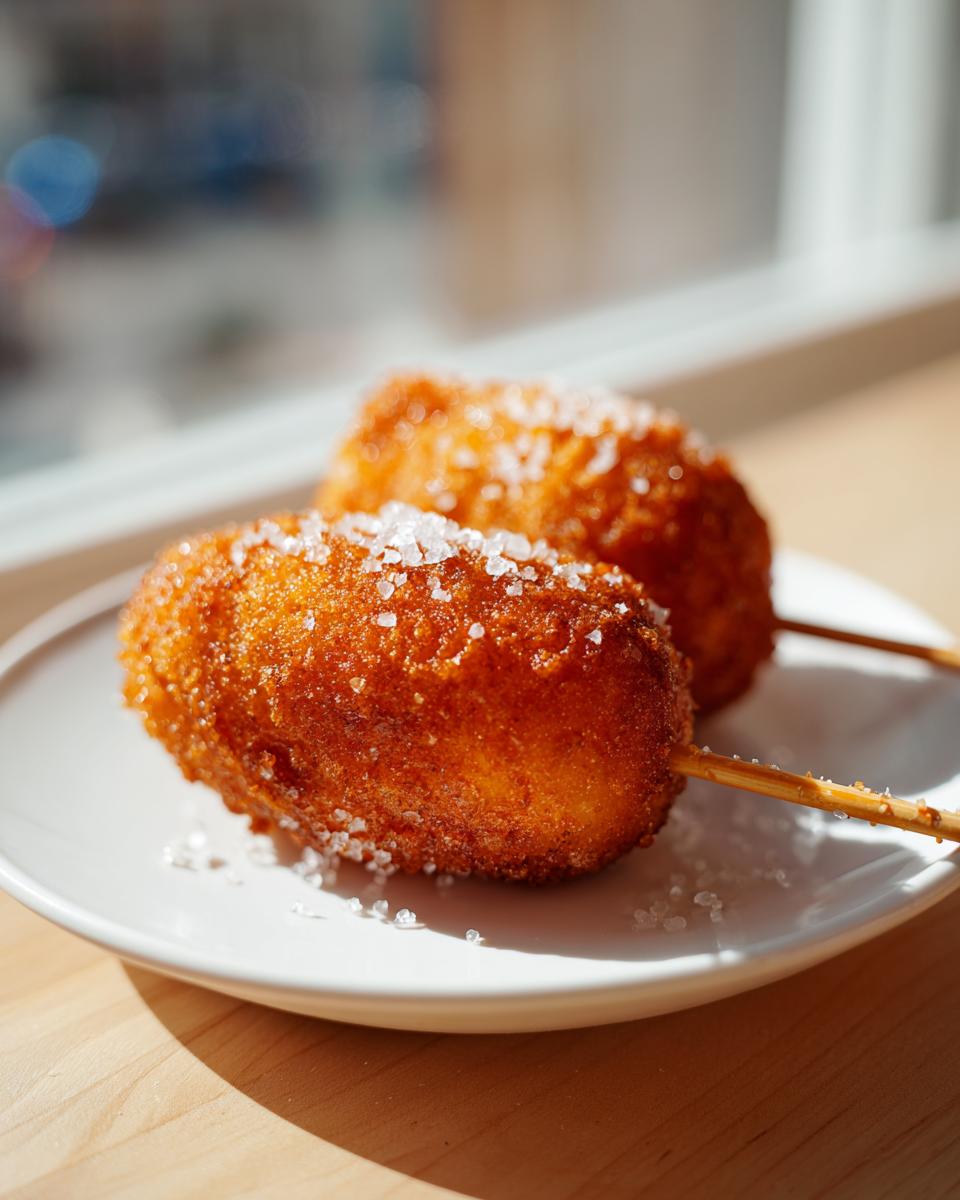 Two golden brown, deep-fried korean corn dog snacks dusted generously with coarse sugar crystals on a white plate.