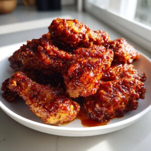 A pile of crispy, glossy Korean fried chicken recipe wings coated in a dark red, sweet and spicy sauce on a white plate.