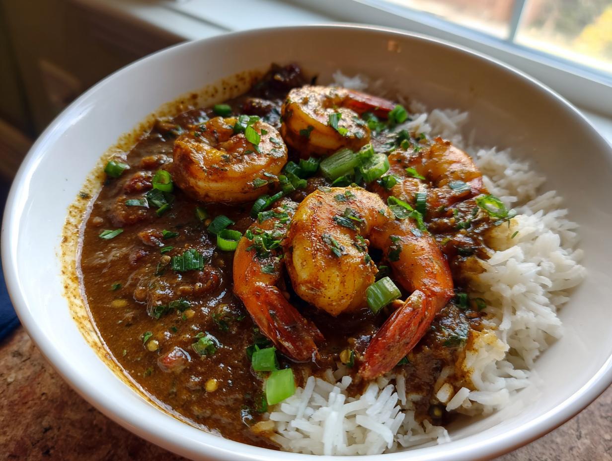 A white bowl filled with rich, dark shrimp etouffee served over fluffy white rice, topped with large seasoned shrimp and green onions.