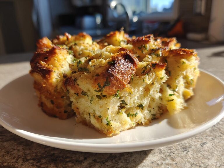 Close-up of a golden-brown, herb-flecked portion of baked stuffing served on a white plate.