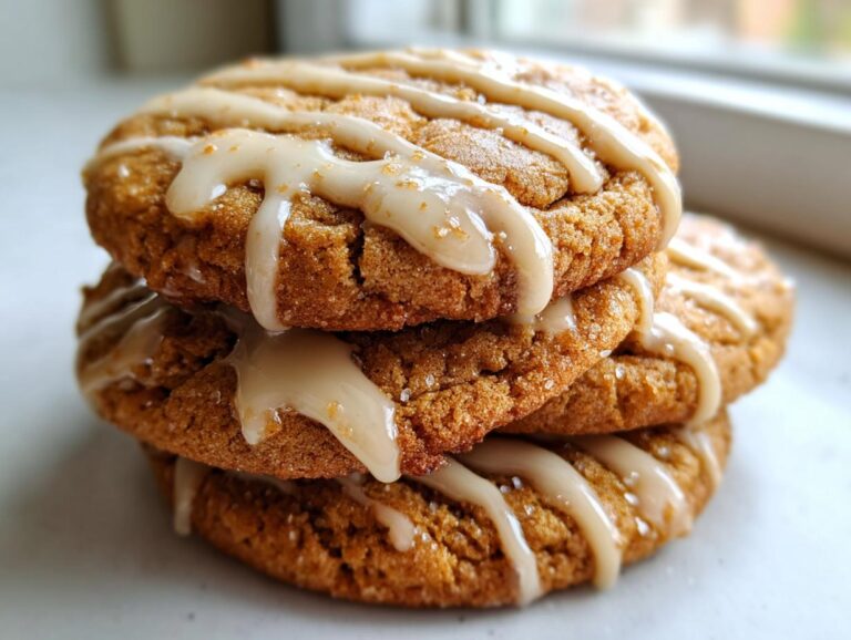 A close-up stack of three soft maple cookies drizzled with a light brown glaze and sprinkled with sugar.