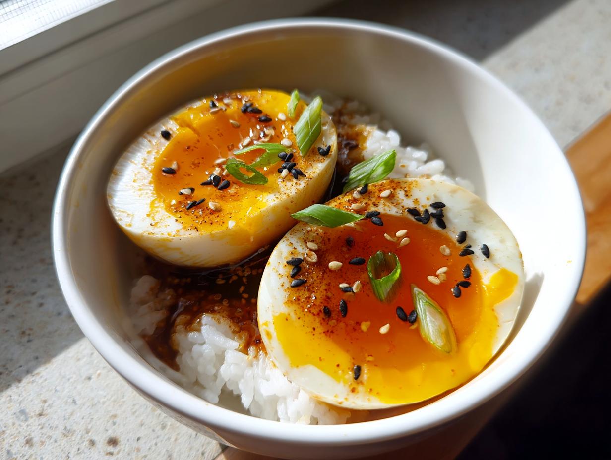 Two halves of soft-boiled marinated eggs with runny yolks served over white rice, sprinkled with sesame seeds and green onions.