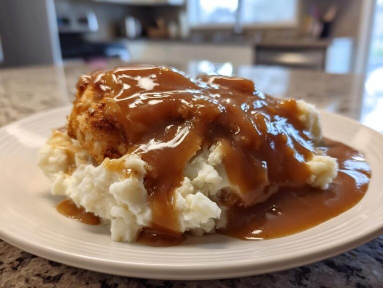 Close-up of mashed potatoes and chicken smothered in rich, brown chicken gravy on a white plate.