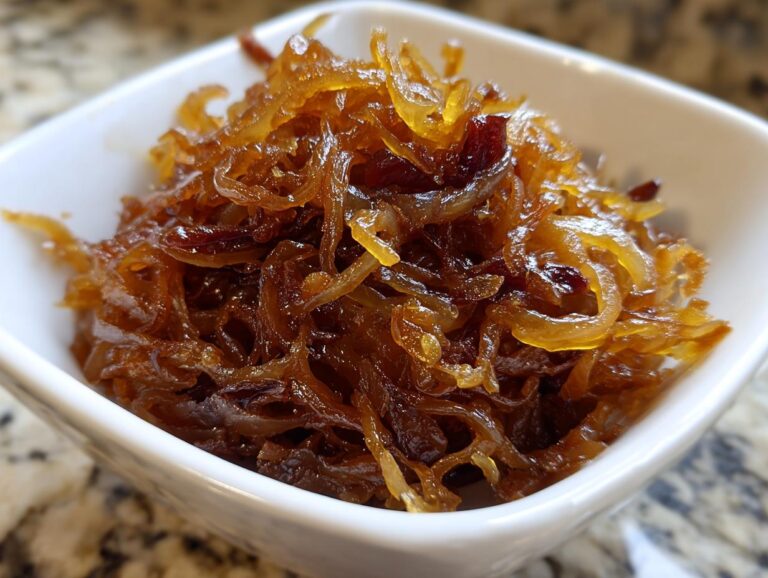 Close-up of rich, dark brown caramelized onions piled high in a small white square bowl.