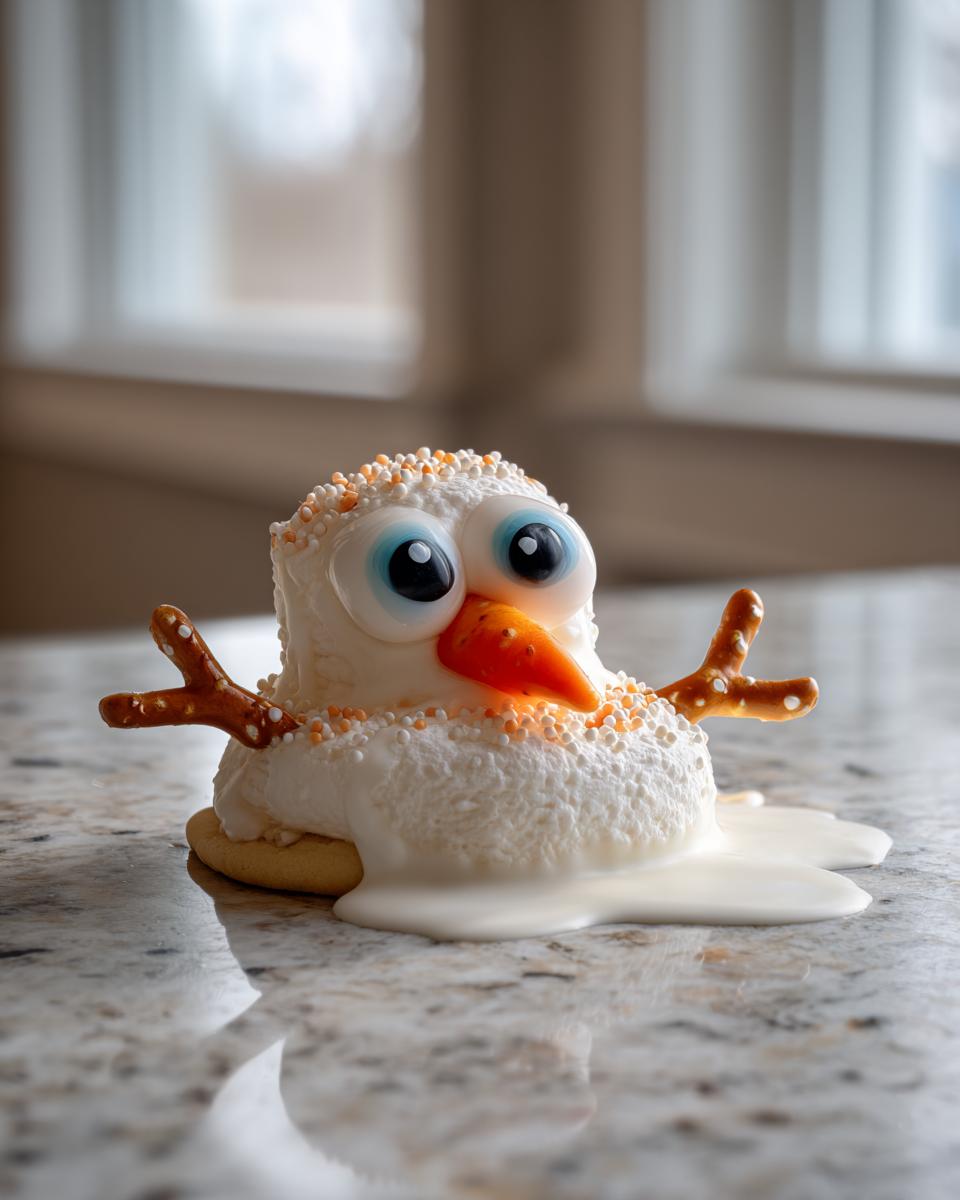A fun, melted snowman cookies creation featuring large blue eyes, an orange candy nose, and pretzel arms, sitting on a cookie base.